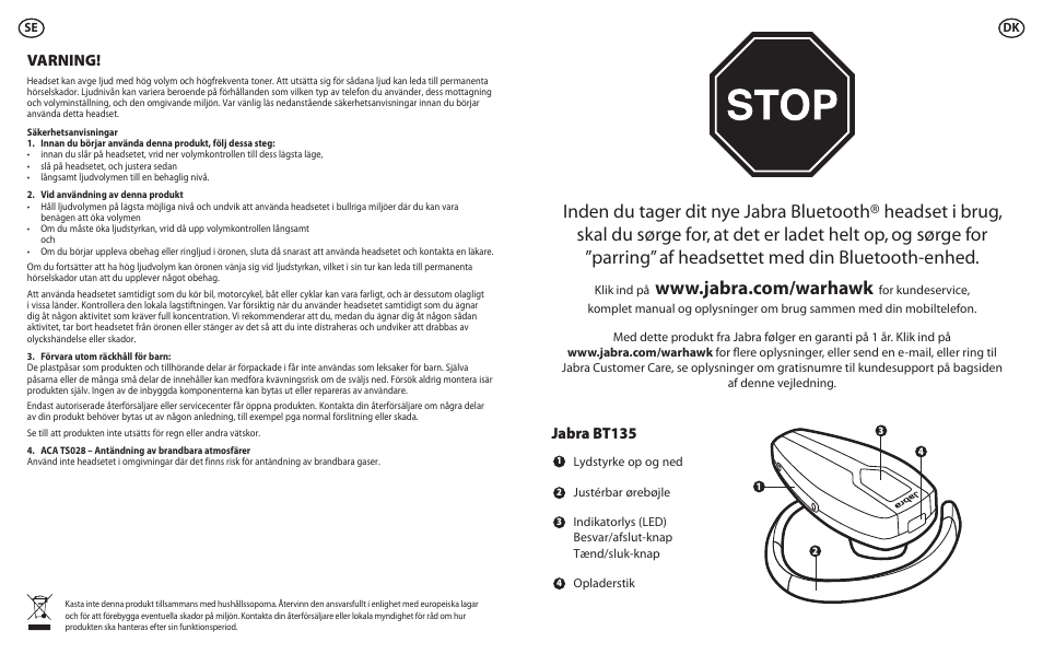 Jabra bt135, Varning | Lennox Hearth BT135 User Manual | Page 18 / 21