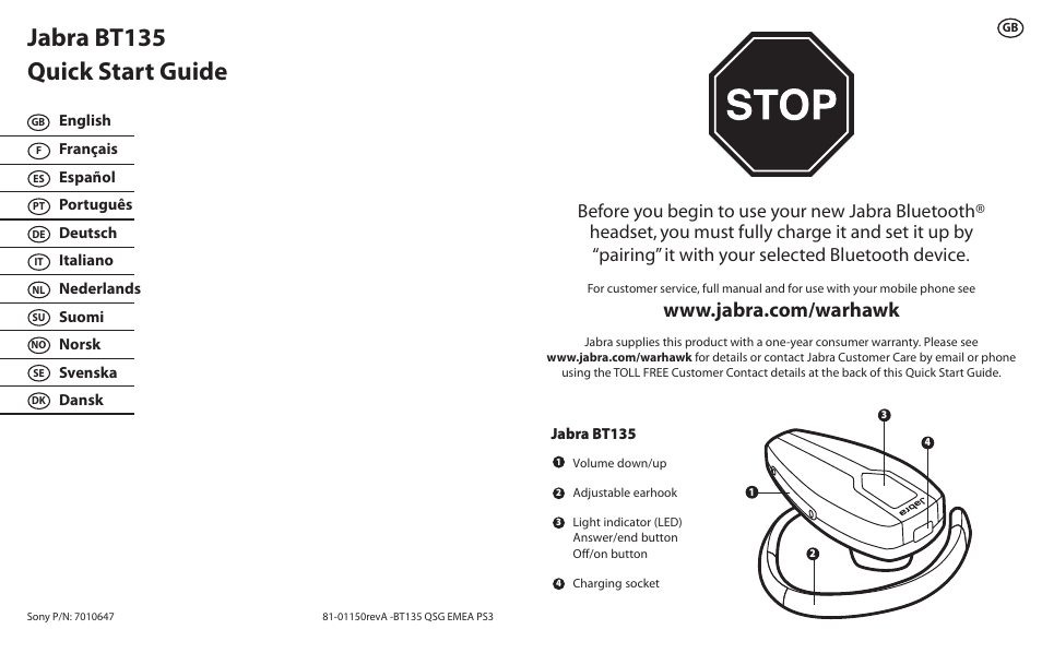 Jabra bt135 quick start guide, Jabra bt135 | Lennox Hearth BT135 User Manual | Page 2 / 21