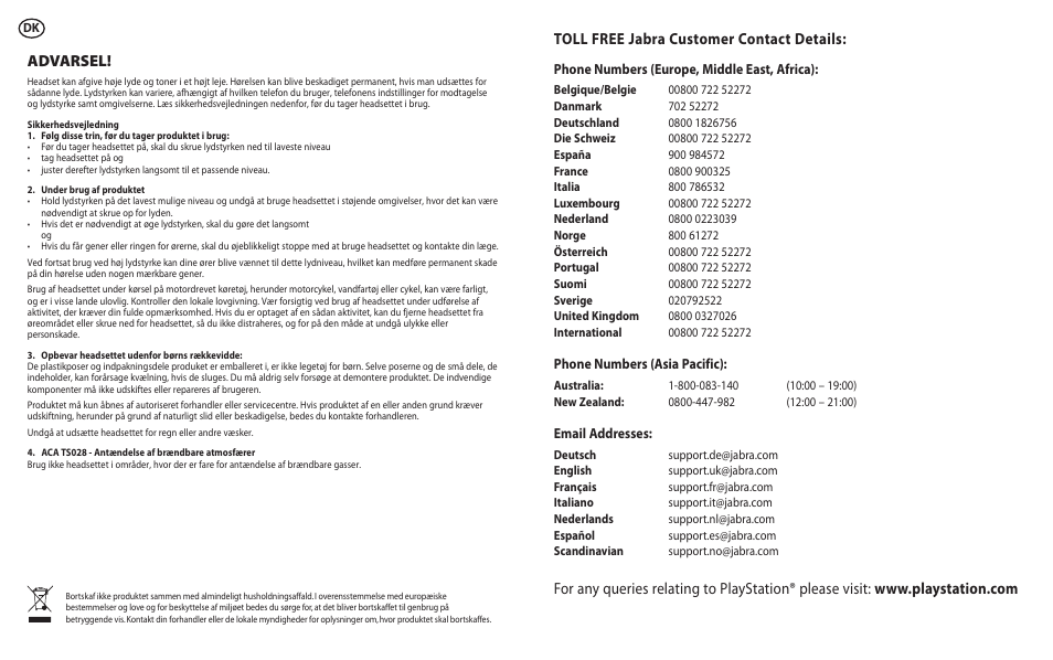 Toll free jabra customer contact details | Lennox Hearth BT135 User Manual | Page 20 / 21