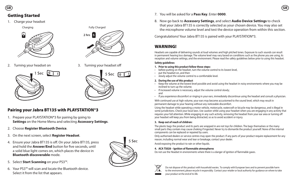 Warning, Getting started, Pairing your jabra bt135 with playstation®3 | Lennox Hearth BT135 User Manual | Page 3 / 21