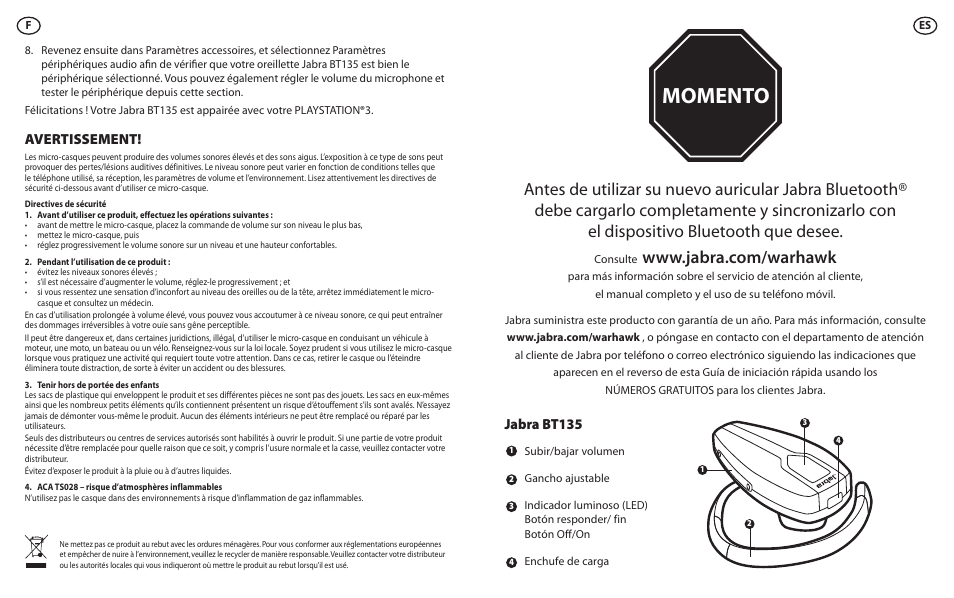 Momento, Avertissement, Jabra bt135 | Lennox Hearth BT135 User Manual | Page 5 / 21