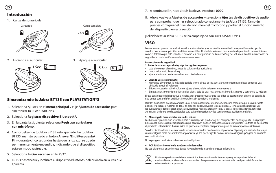 Viso, Introducción, Sincronizando tu jabra bt135 con playstation®3 | Lennox Hearth BT135 User Manual | Page 6 / 21