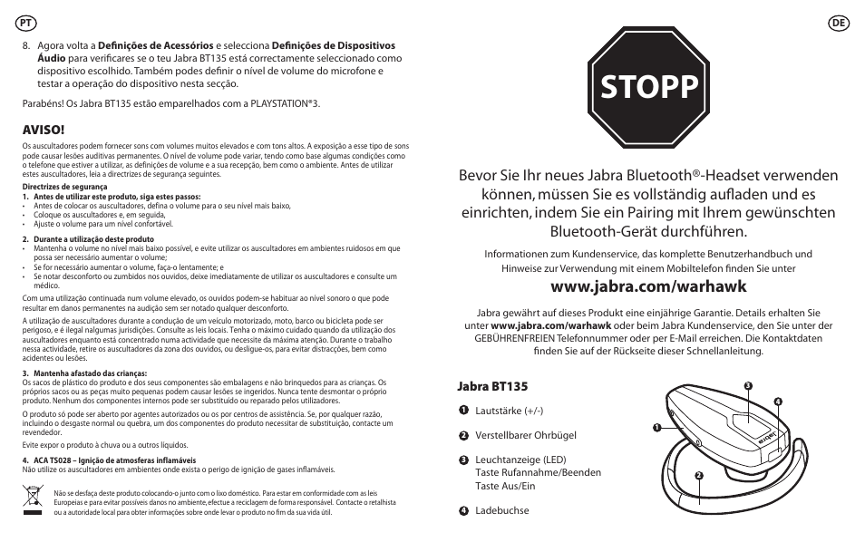 Stopp, Aviso, Jabra bt135 | Lennox Hearth BT135 User Manual | Page 8 / 21