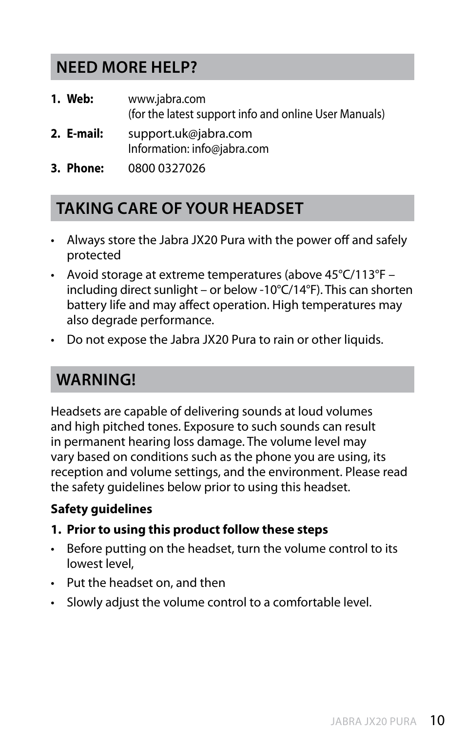 En g li sh, Need more help, Taking care of your headset | Warning | Lennox Hearth PURA JX20 User Manual | Page 11 / 17