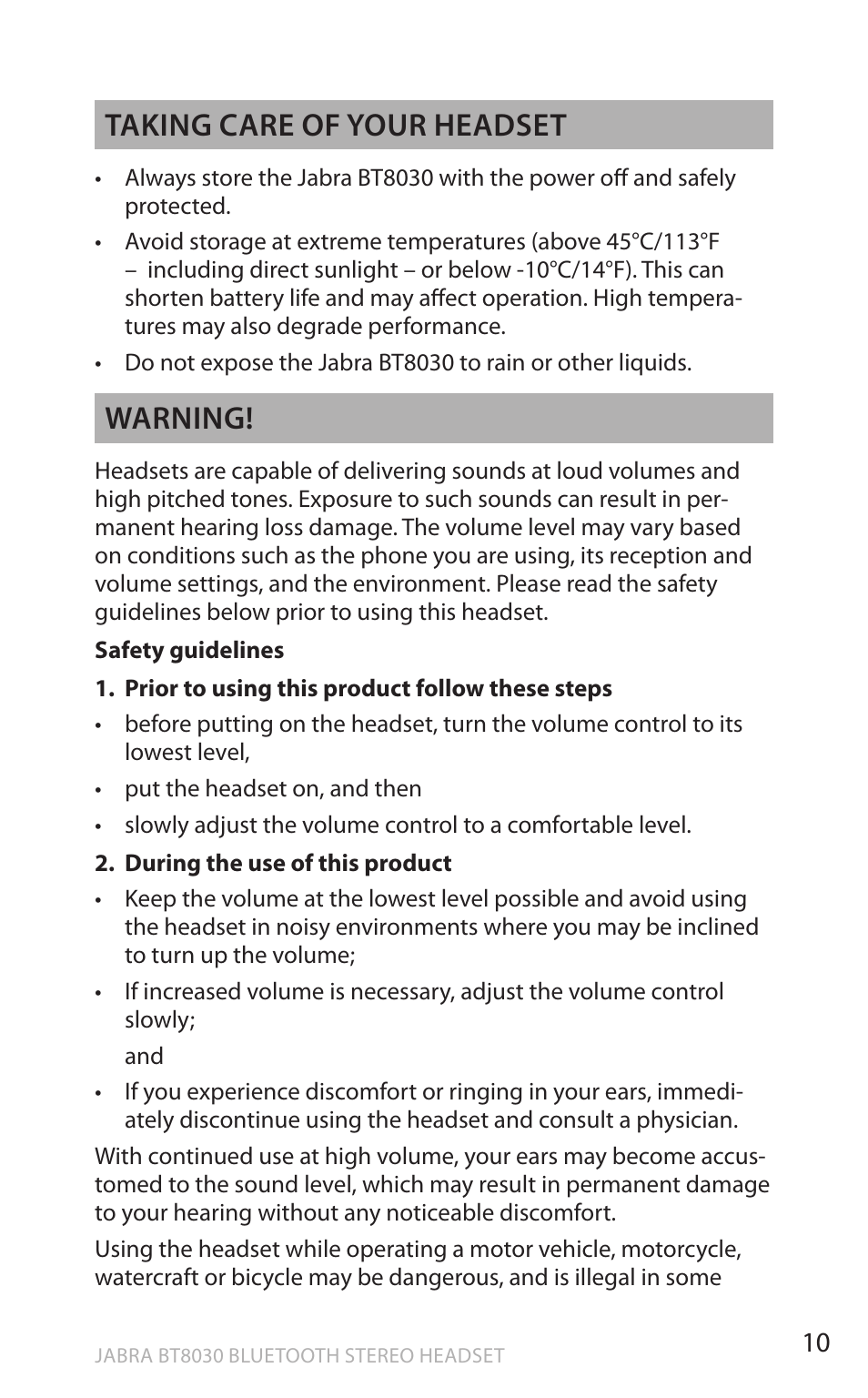 En g li sh, Taking care of your headset, Warning | Lennox Hearth BT8030 User Manual | Page 10 / 14