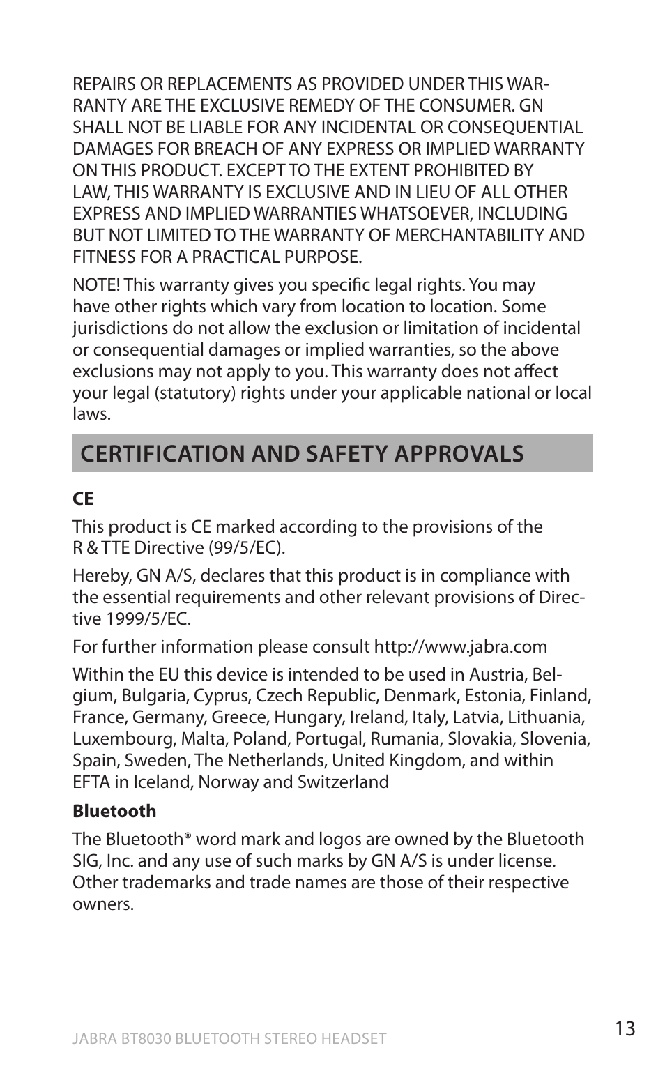 En g li sh, Certification and safety approvals | Lennox Hearth BT8030 User Manual | Page 13 / 14