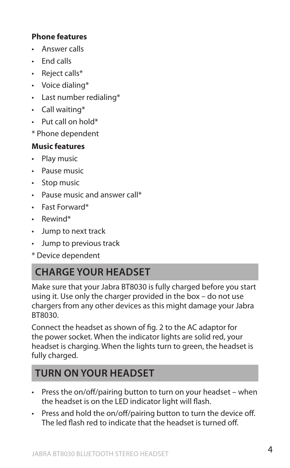 En g li sh, Charge your headset, Turn on your headset | Lennox Hearth BT8030 User Manual | Page 4 / 14