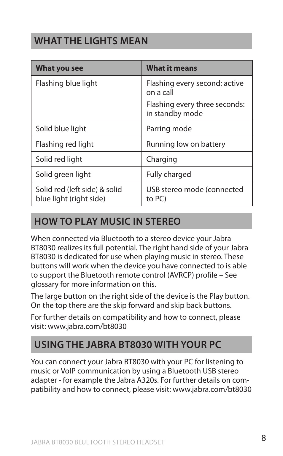 En g li sh, What the lights mean, How to play music in stereo | Using the jabra bt8030 with your pc | Lennox Hearth BT8030 User Manual | Page 8 / 14