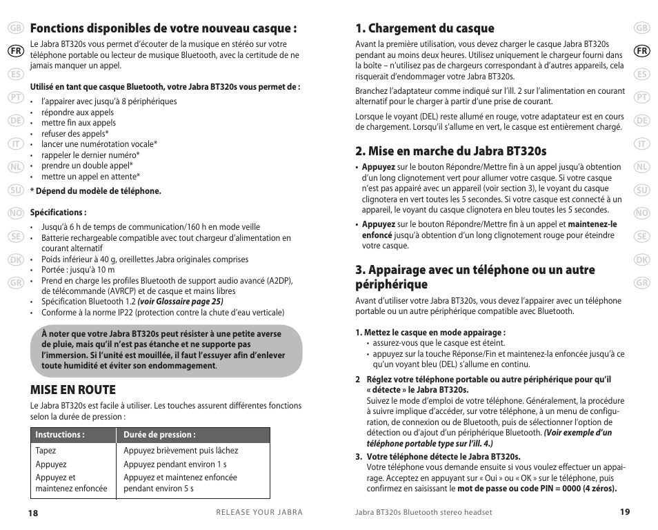 Fonctions disponibles de votre nouveau casque, Mise en route, Chargement du casque | Mise en marche du jabra bt320s | Lennox Hearth BT 320S User Manual | Page 12 / 76