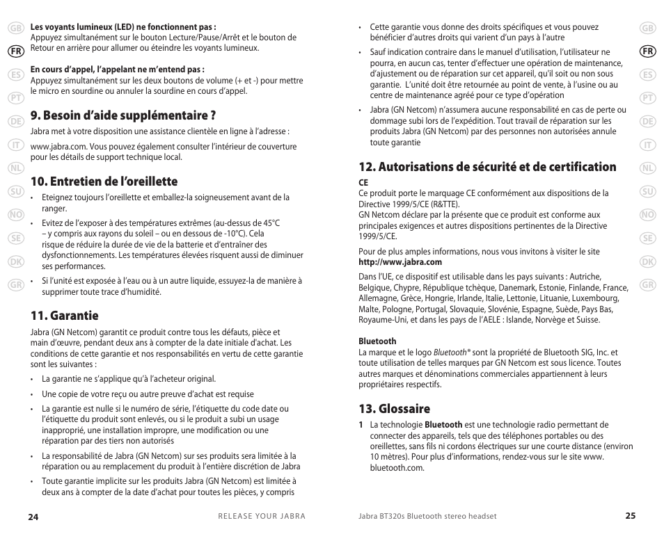 Autorisations de sécurité et de certification, Glossaire, Besoin d’aide supplémentaire | Entretien de l’oreillette, Garantie | Lennox Hearth BT 320S User Manual | Page 15 / 76