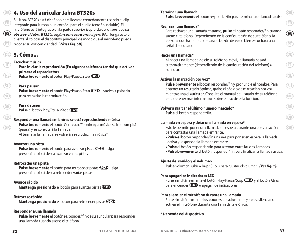 Uso del auricular jabra bt320s, Cómo | Lennox Hearth BT 320S User Manual | Page 19 / 76