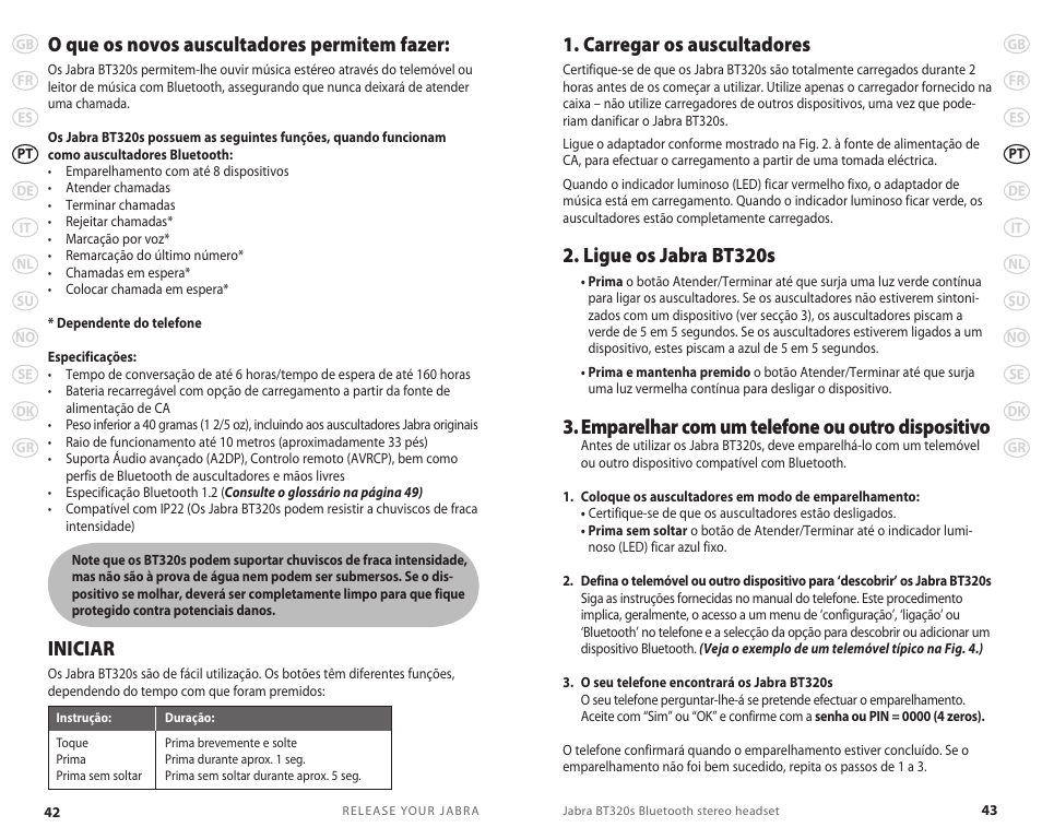 O que os novos auscultadores permitem fazer, Iniciar, Carregar os auscultadores | Ligue os jabra bt320s, Emparelhar com um telefone ou outro dispositivo | Lennox Hearth BT 320S User Manual | Page 24 / 76