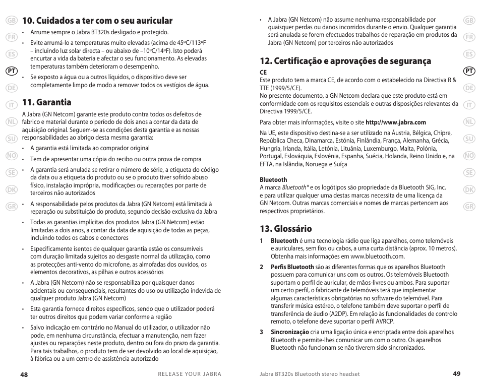 Certificação e aprovações de segurança, Glossário, Cuidados a ter com o seu auricular | Garantia | Lennox Hearth BT 320S User Manual | Page 27 / 76
