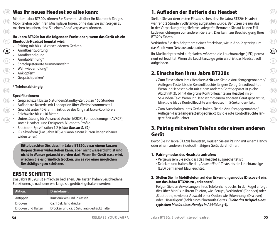 Was ihr neues headset so alles kann, Erste schritte, Aufladen der batterie des headset | Einschalten ihres jabra bt320s, Pairing mit einem telefon oder einem anderen gerät | Lennox Hearth BT 320S User Manual | Page 30 / 76