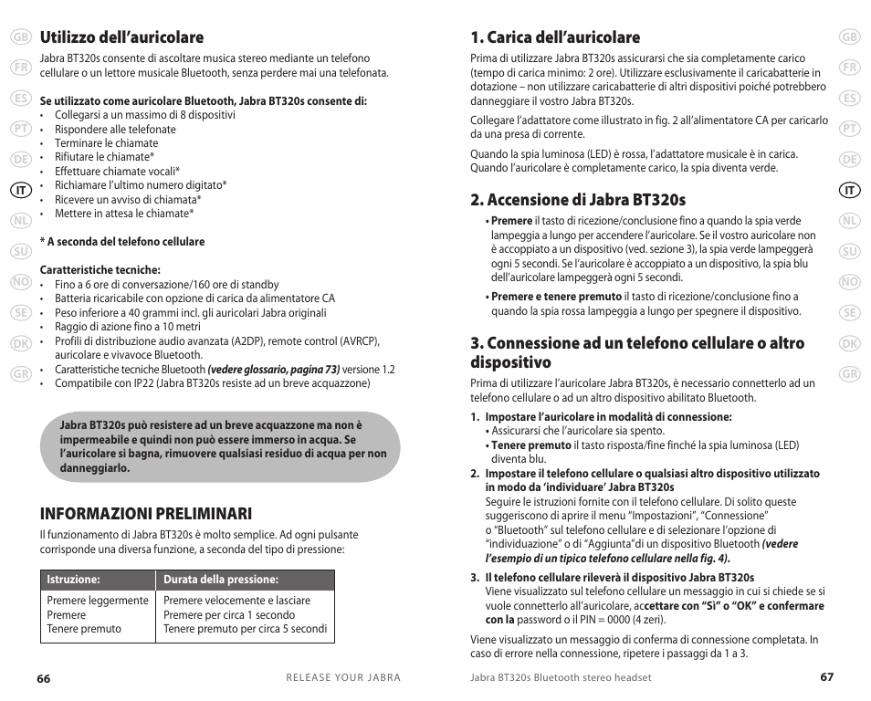 Utilizzo dell’auricolare, Informazioni preliminari, Carica dell’auricolare | Accensione di jabra bt320s | Lennox Hearth BT 320S User Manual | Page 36 / 76