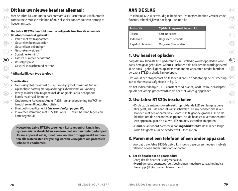 Dit kan uw nieuwe headset allemaal, Aan de slag, Uw headset opladen | Uw jabra bt320s inschakelen, Paren met een telefoon of een ander apparaat | Lennox Hearth BT 320S User Manual | Page 42 / 76