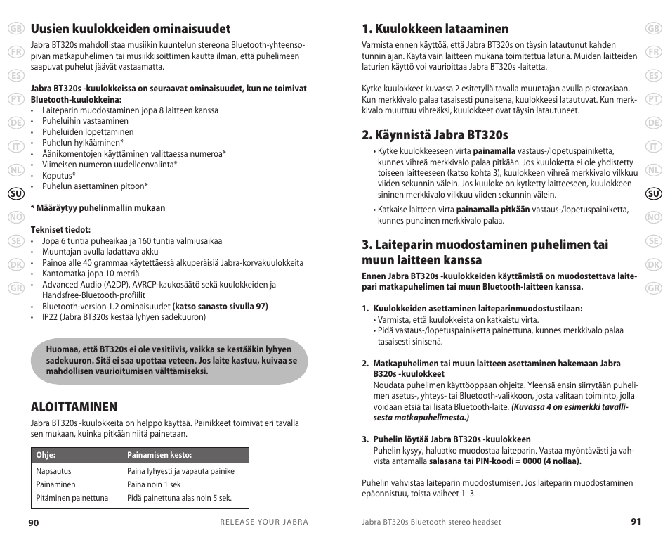 Uusien kuulokkeiden ominaisuudet, Aloittaminen, Kuulokkeen lataaminen | Käynnistä jabra bt320s | Lennox Hearth BT 320S User Manual | Page 48 / 76