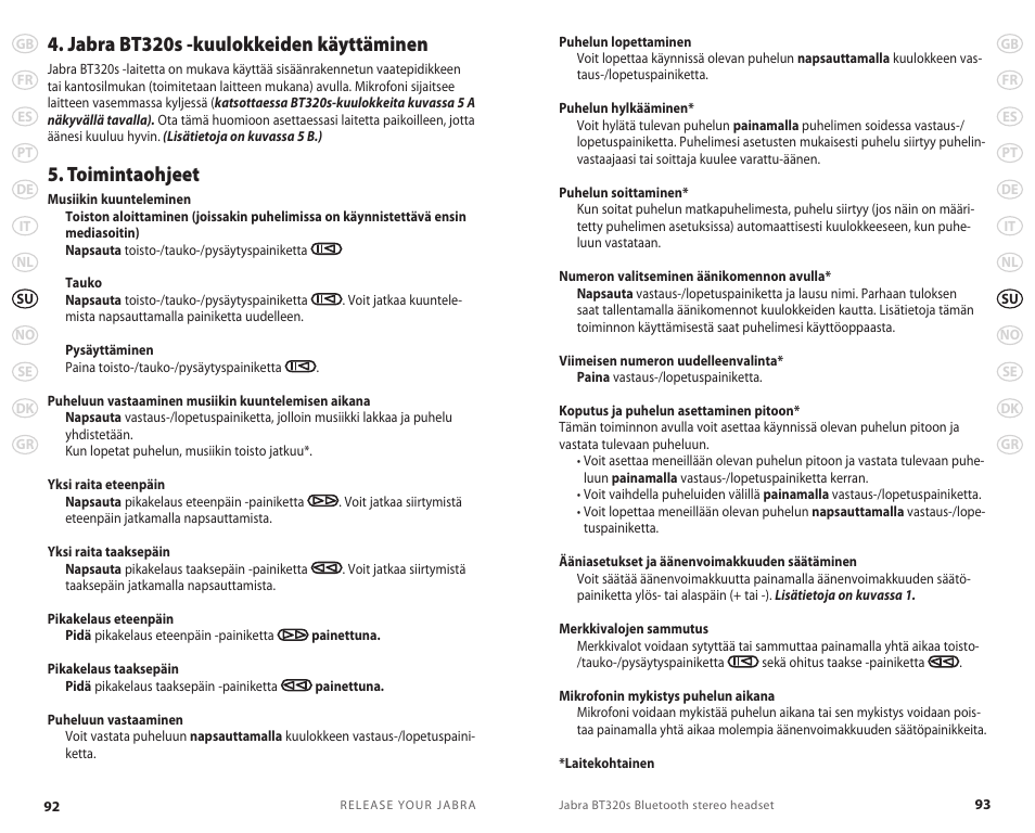 Jabra bt320s -kuulokkeiden käyttäminen, Toimintaohjeet | Lennox Hearth BT 320S User Manual | Page 49 / 76