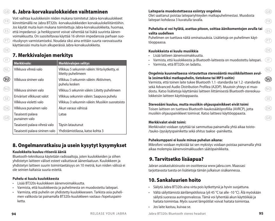 Jabra-korvakuulokkeiden vaihtaminen, Tarvitsetko lisäapua, Sankaluurien hoito | Lennox Hearth BT 320S User Manual | Page 50 / 76