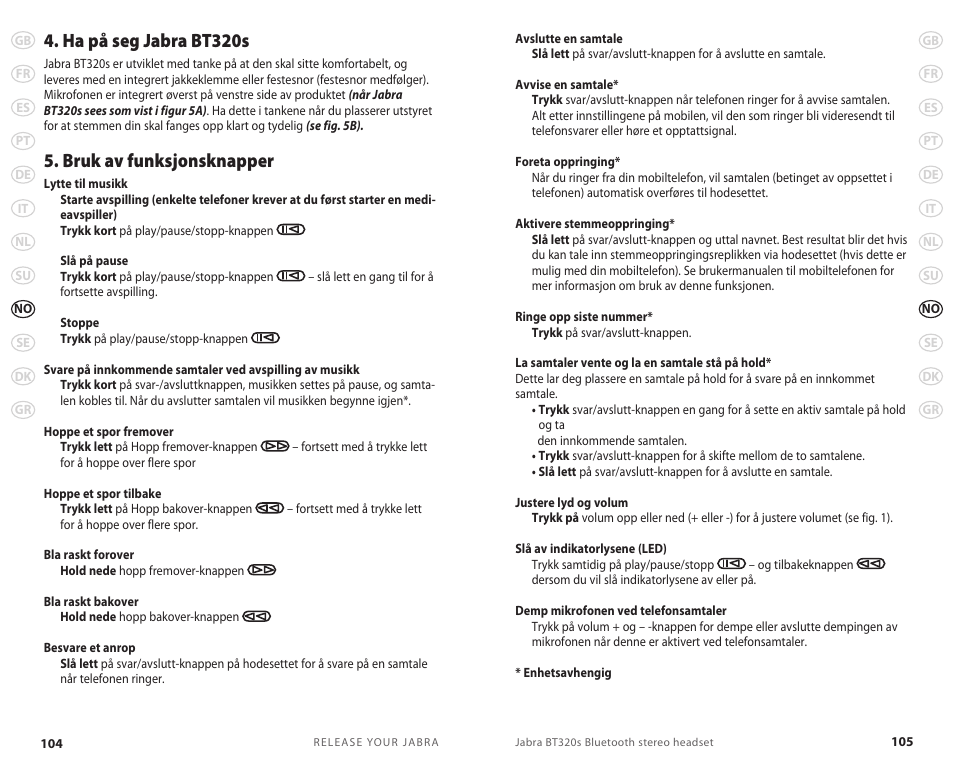 Ha på seg jabra bt320s, Bruk av funksjonsknapper | Lennox Hearth BT 320S User Manual | Page 55 / 76