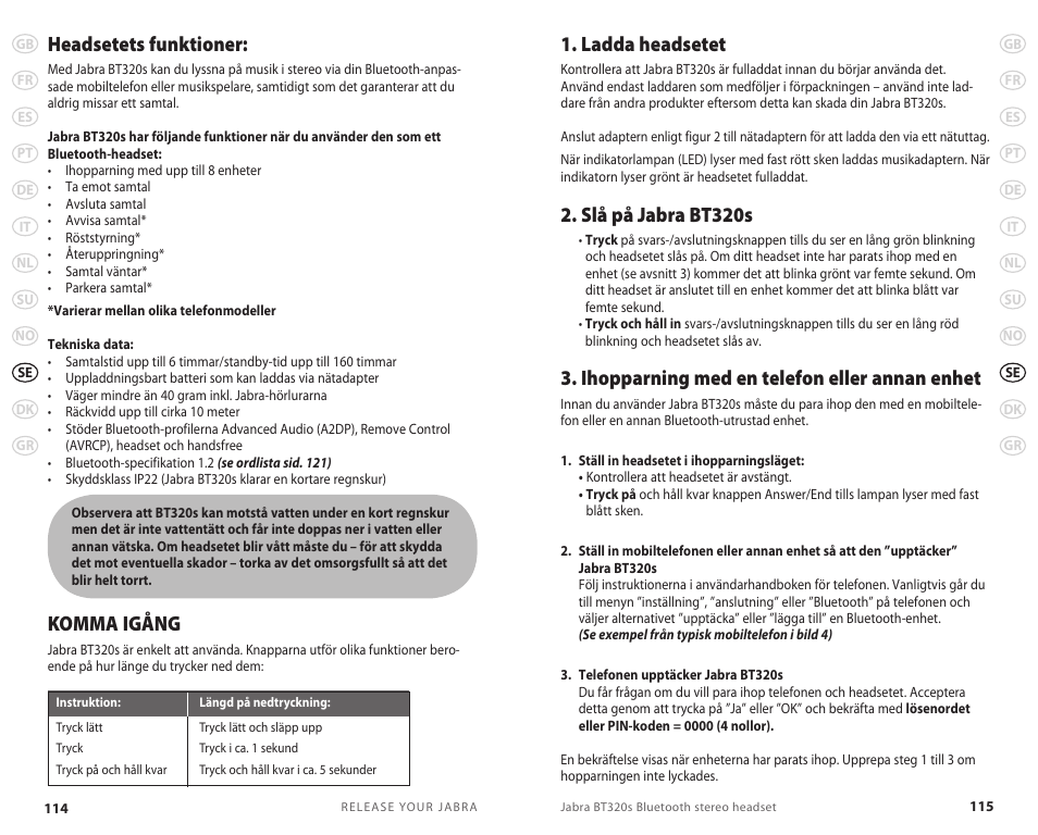 Headsetets funktioner, Komma igång, Ladda headsetet | Slå på jabra bt320s, Ihopparning med en telefon eller annan enhet | Lennox Hearth BT 320S User Manual | Page 60 / 76