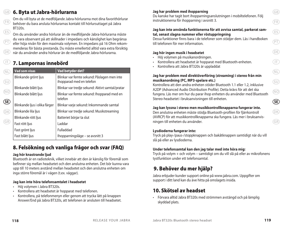 Byta ut jabra-hörlurarna, Behöver du mer hjälp, Skötsel av headset | Lennox Hearth BT 320S User Manual | Page 62 / 76