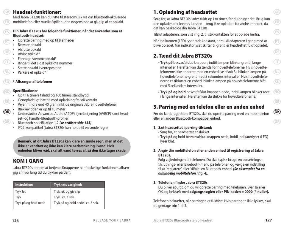 Headset-funktioner, Kom i gang, Opladning af headsettet | Tænd dit jabra bt320s, Parring med en telefon eller en anden enhed | Lennox Hearth BT 320S User Manual | Page 66 / 76
