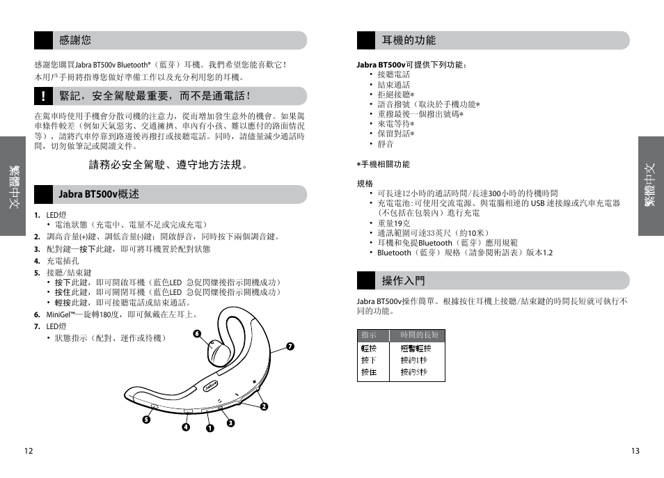 緊記，安全駕駛最重要，而不是通電話, 請務必安全駕駛、遵守地方法規。 jabra bt500v 概述, 耳機的功能 | 操作入門 | Lennox Hearth BT500V User Manual | Page 9 / 38