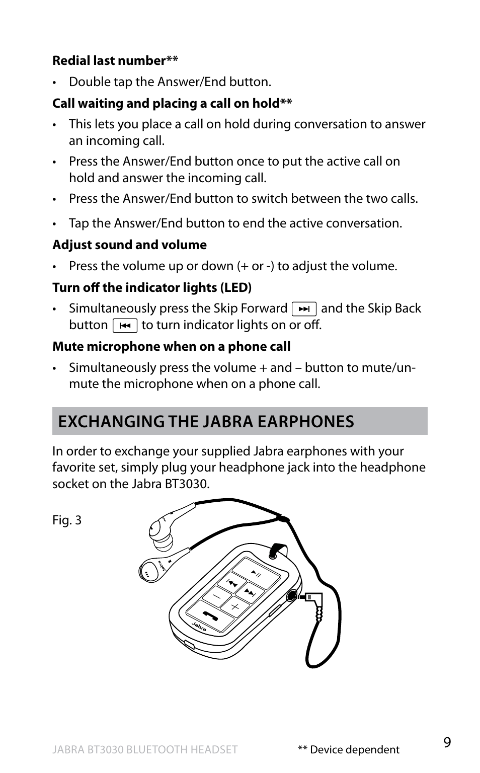 En g li sh, Exchanging the jabra earphones | Lennox Hearth BT3030 User Manual | Page 10 / 19