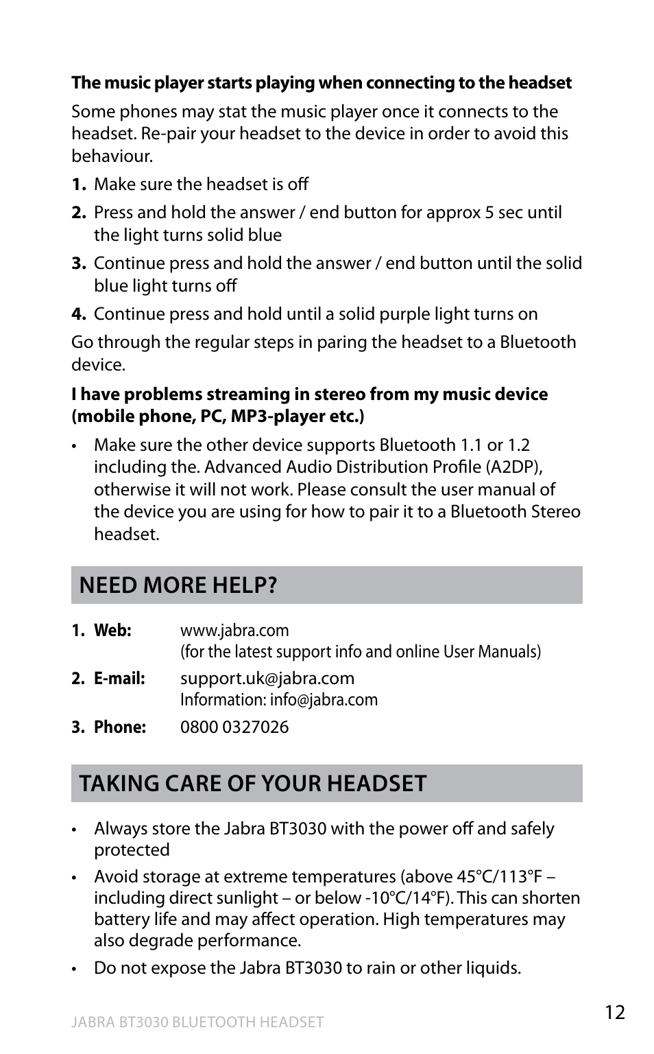 En g li sh, Need more help, Taking care of your headset | Lennox Hearth BT3030 User Manual | Page 13 / 19