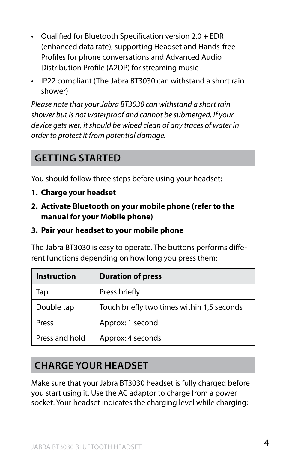 En g li sh, Getting started, Charge your headset | Lennox Hearth BT3030 User Manual | Page 5 / 19