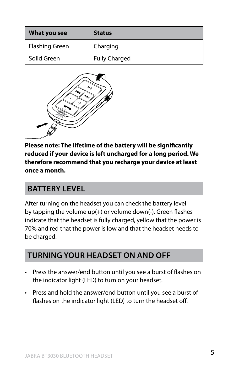 En g li sh, Battery level, Turning your headset on and off | Lennox Hearth BT3030 User Manual | Page 6 / 19