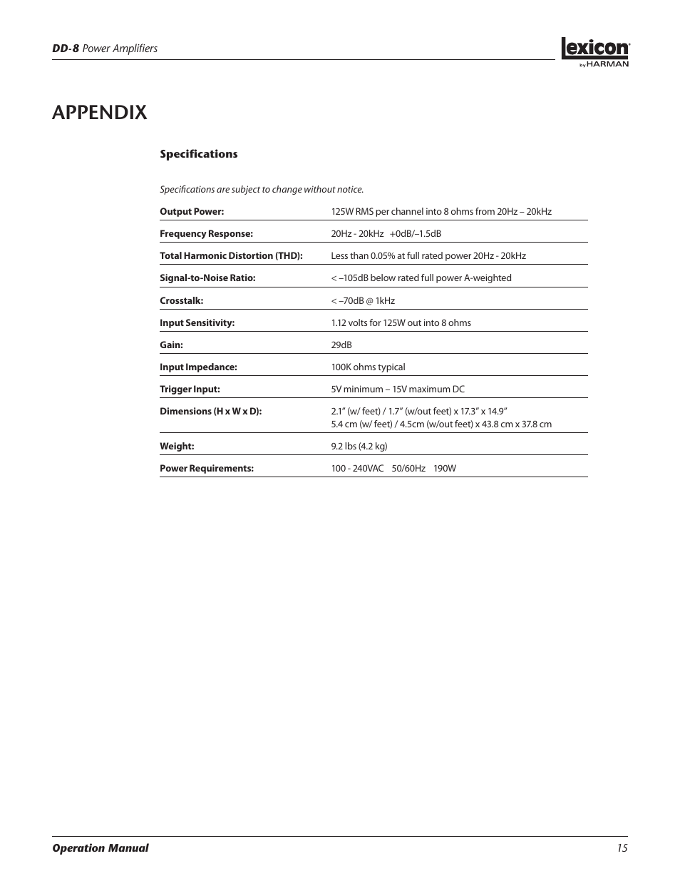 Appendix | Lexicon Power Amplifiers DD-8 User Manual | Page 15 / 16