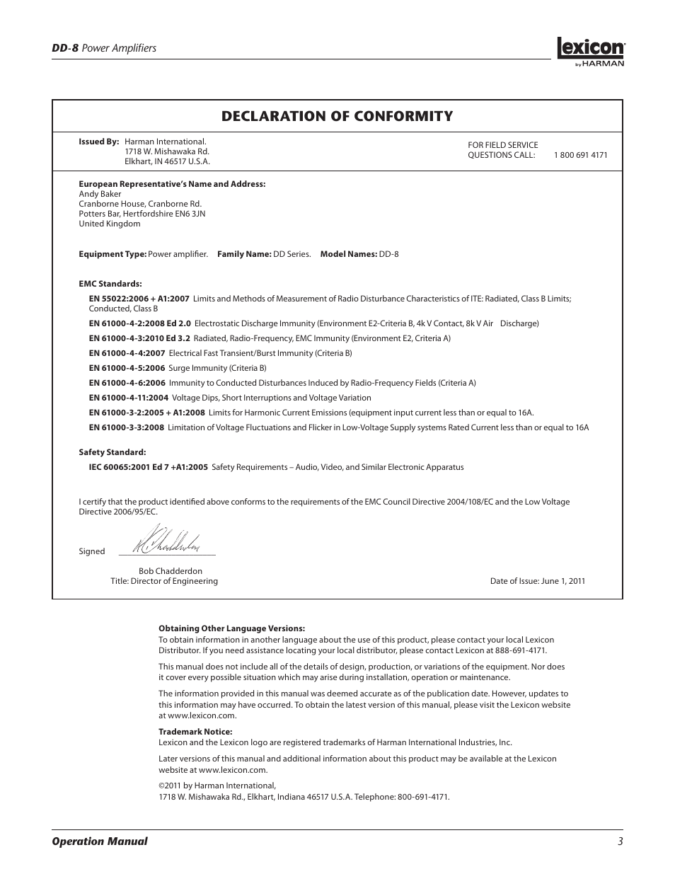 Declaration of conformity | Lexicon Power Amplifiers DD-8 User Manual | Page 3 / 16