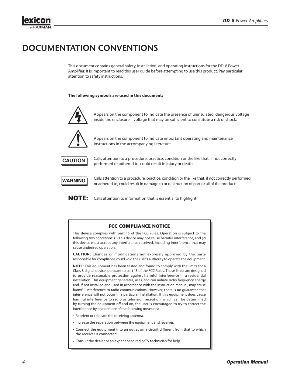 Documentation conventions | Lexicon Power Amplifiers DD-8 User Manual | Page 4 / 16