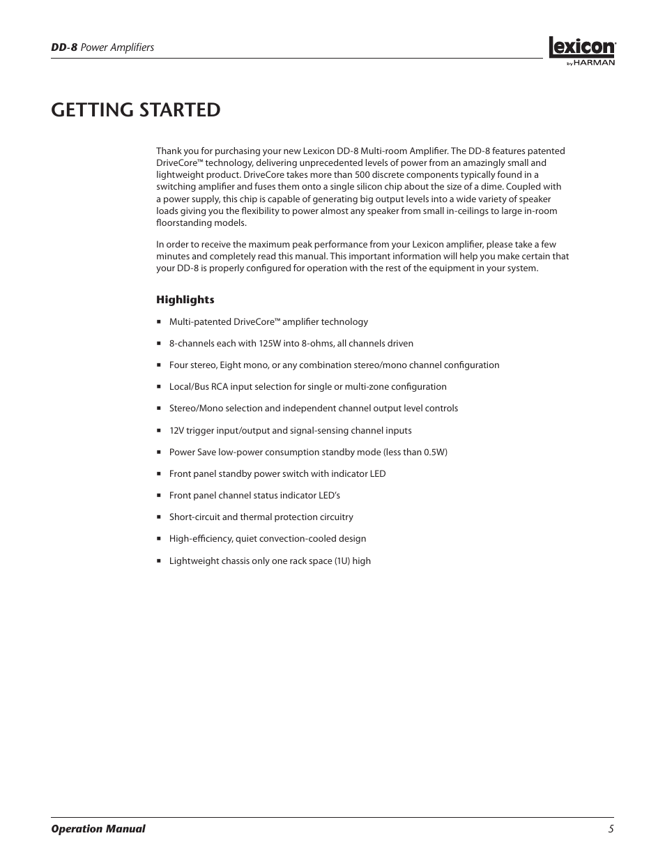 Getting started | Lexicon Power Amplifiers DD-8 User Manual | Page 5 / 16