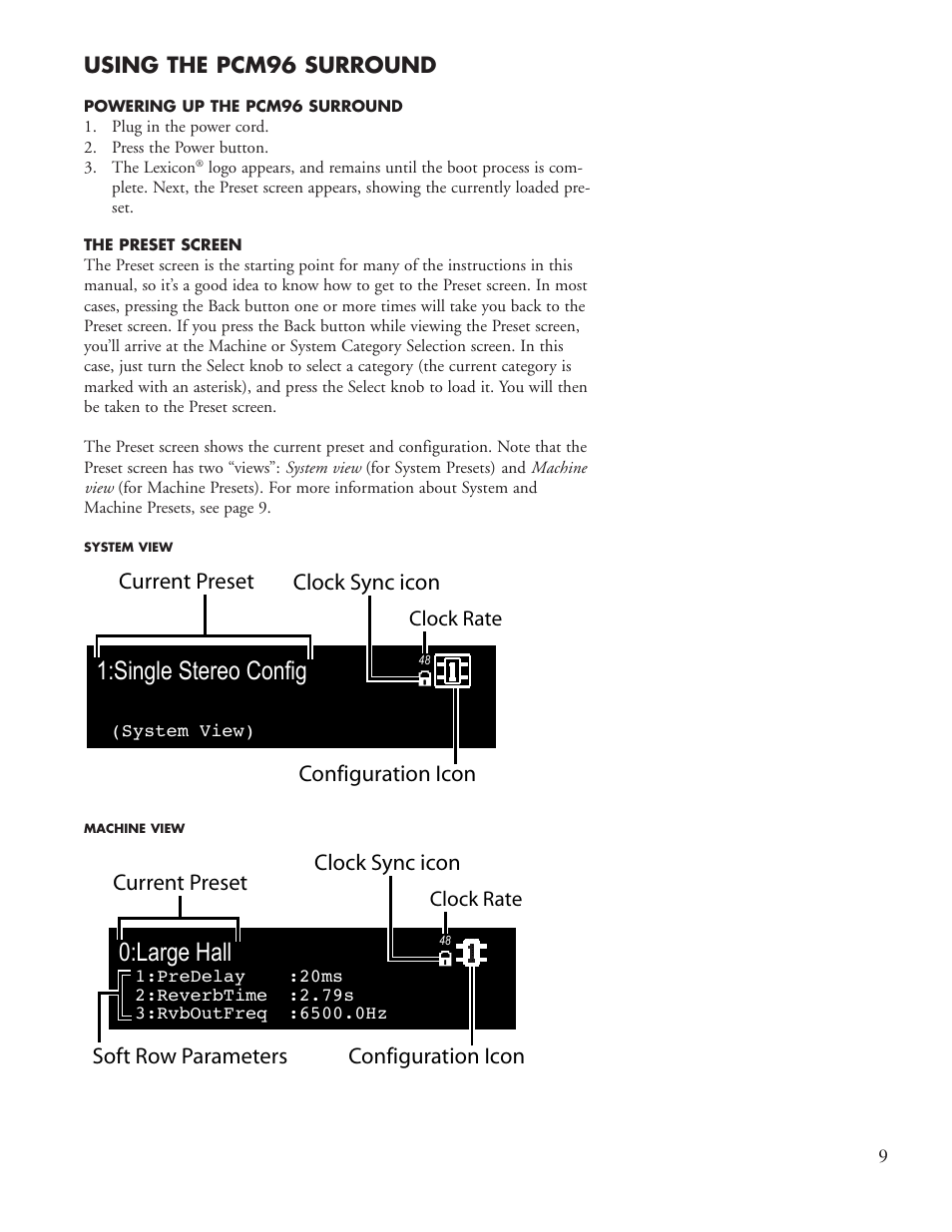 Single stereo config, Large hall, Current preset clock sync icon configuration icon | Lexicon PCM96 User Manual | Page 15 / 64