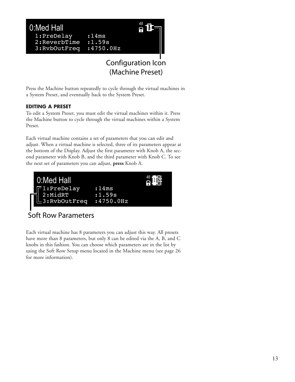 Med hall, Configuration icon (machine preset), Soft row parameters | Lexicon PCM96 User Manual | Page 19 / 64