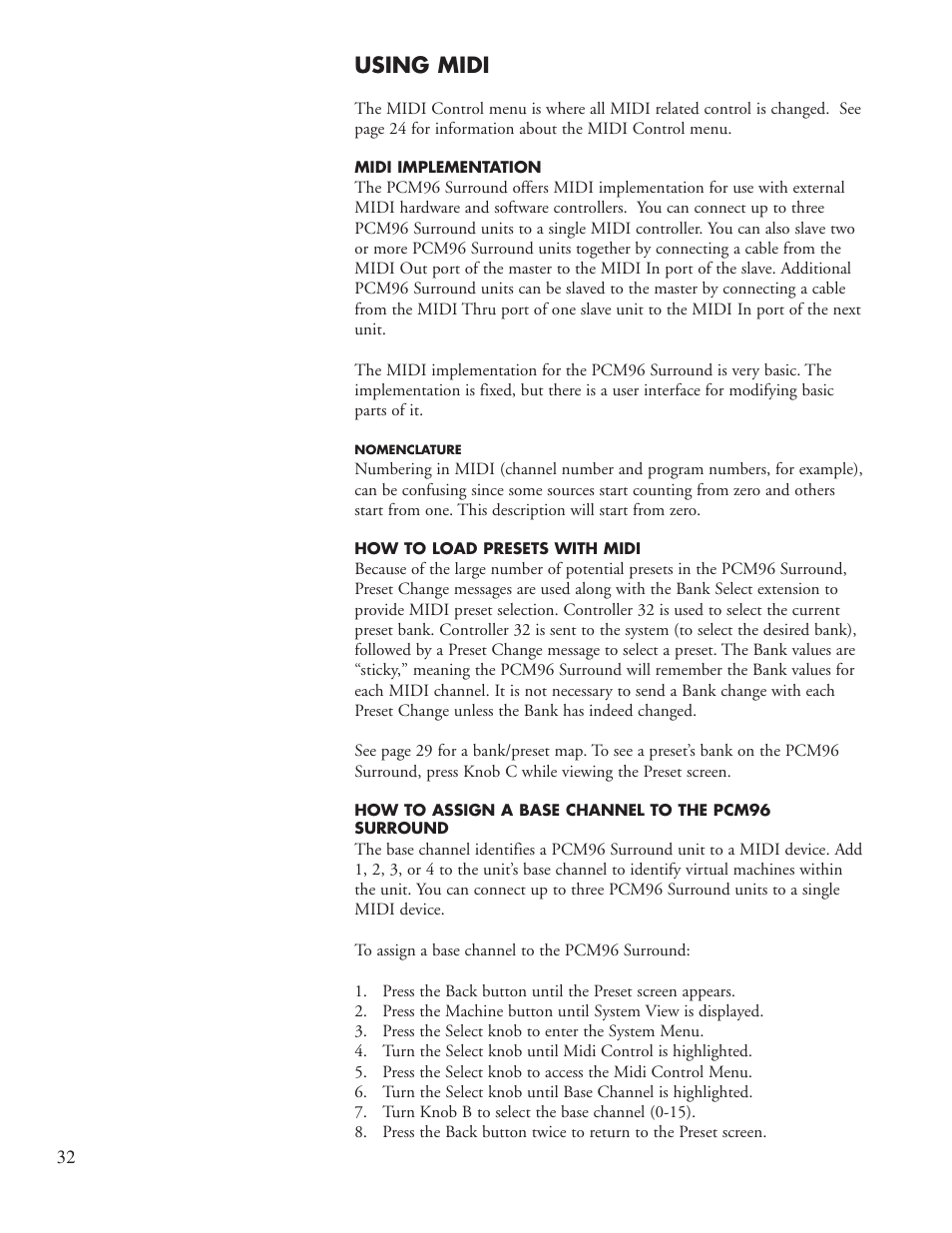 Using midi | Lexicon PCM96 User Manual | Page 38 / 64