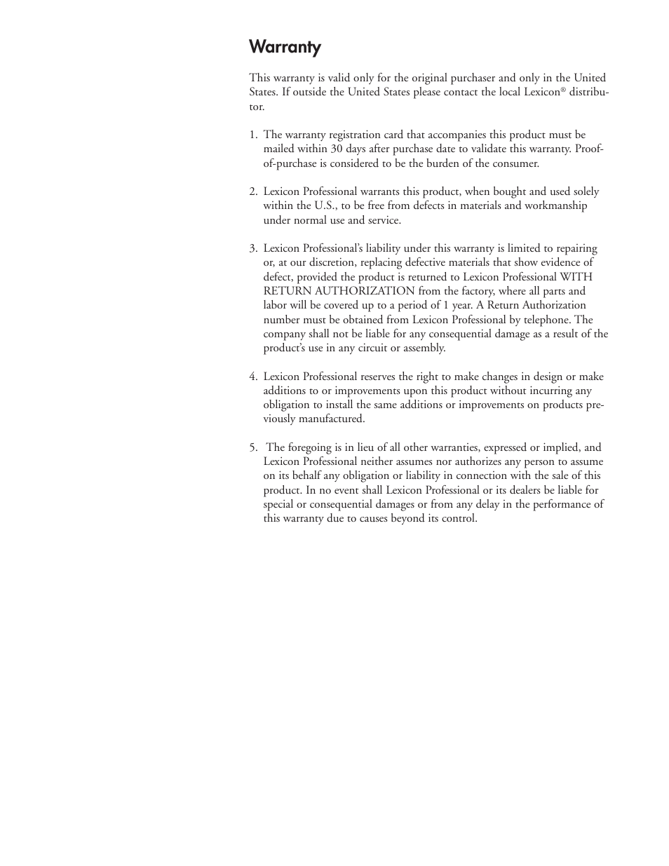 Warranty | Lexicon PCM96 User Manual | Page 4 / 64