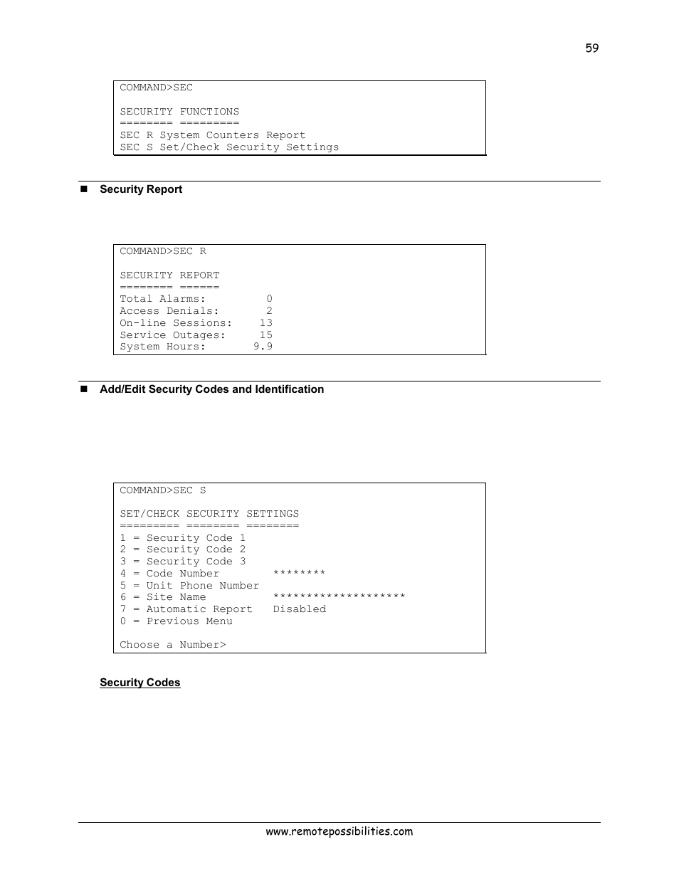 Security report, Add/edit security codes and identification, Security codes | Lexicon 570 User Manual | Page 64 / 70