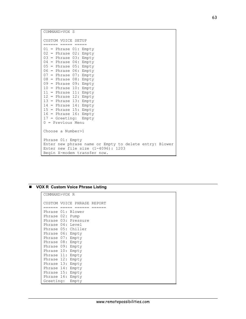 Vox r custom voice phrase listing | Lexicon 570 User Manual | Page 68 / 70