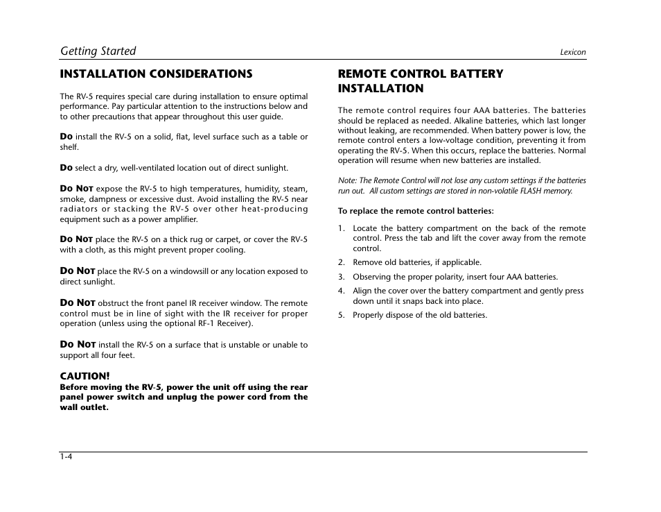 Getting started, Installation considerations, Remote control battery installation | Lexicon RV-5 User Manual | Page 10 / 136