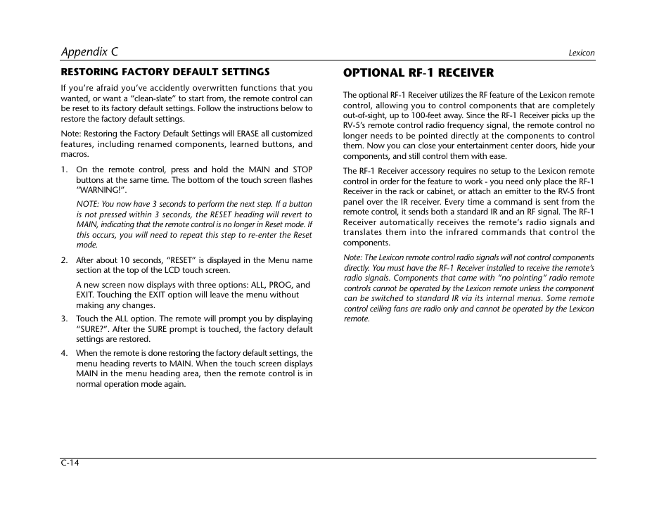 Appendix c, Optional rf-1 receiver | Lexicon RV-5 User Manual | Page 110 / 136