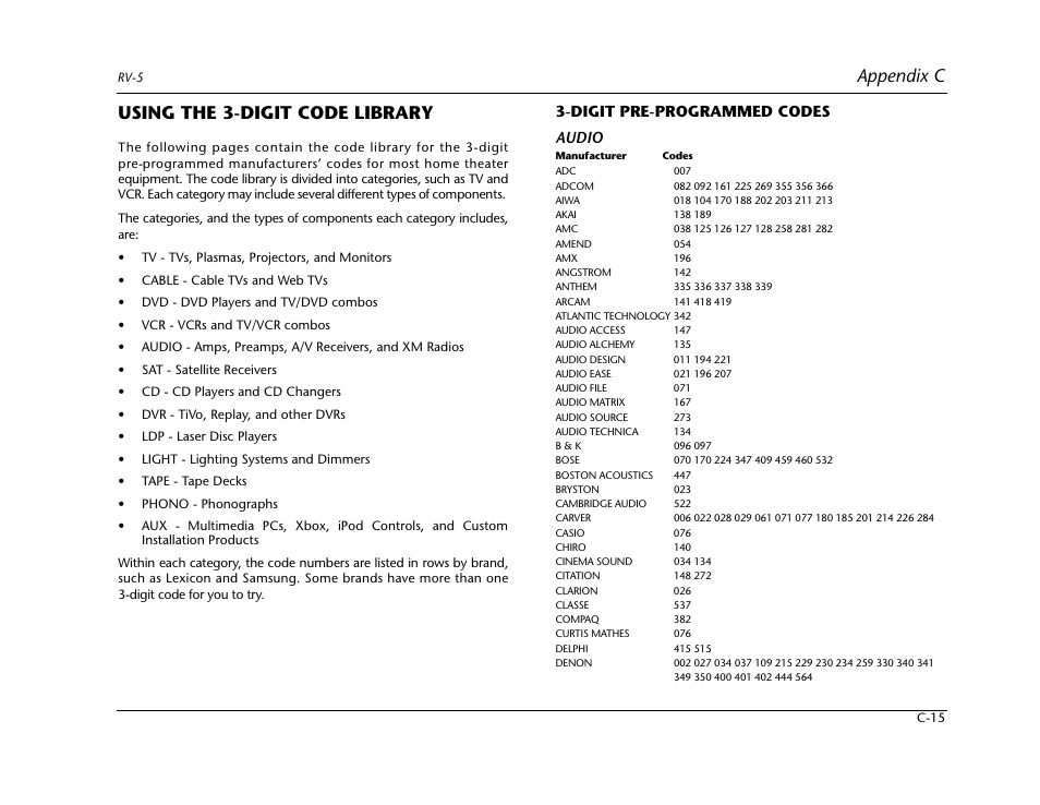 Appendix c, Using the 3-digit code library, Digit pre-programmed codes audio | Lexicon RV-5 User Manual | Page 111 / 136