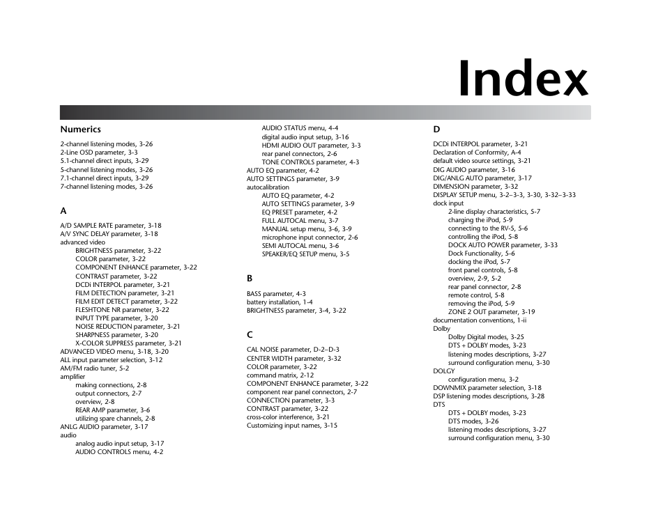 Index | Lexicon RV-5 User Manual | Page 131 / 136