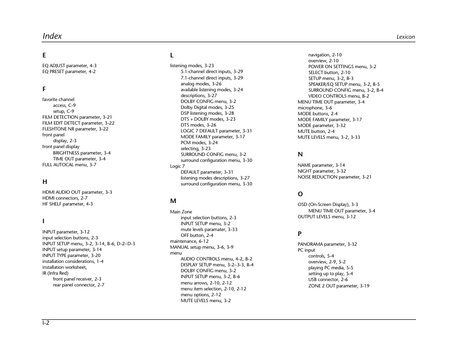 Index | Lexicon RV-5 User Manual | Page 132 / 136