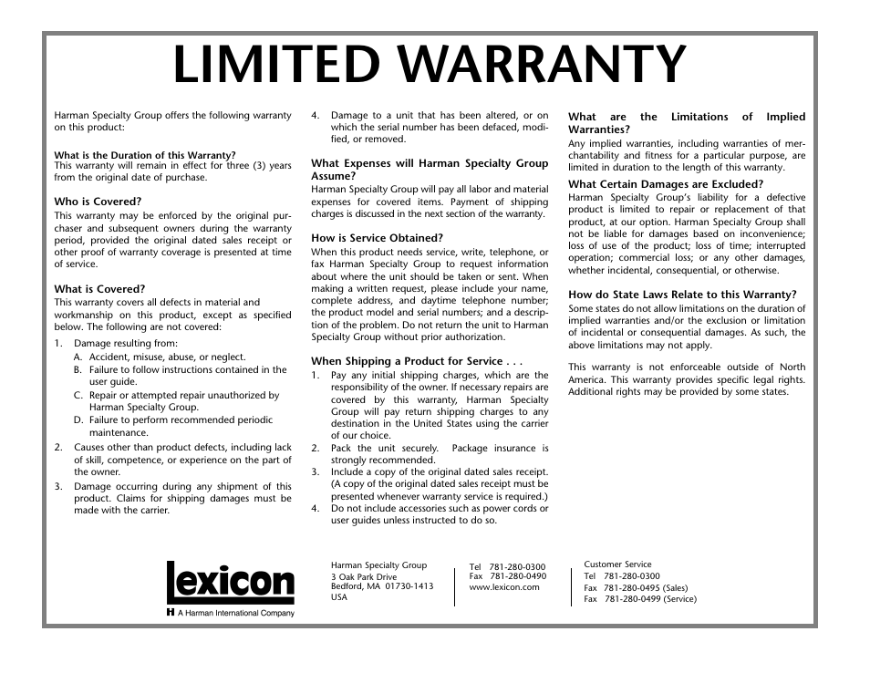 Limited warranty | Lexicon RV-5 User Manual | Page 135 / 136