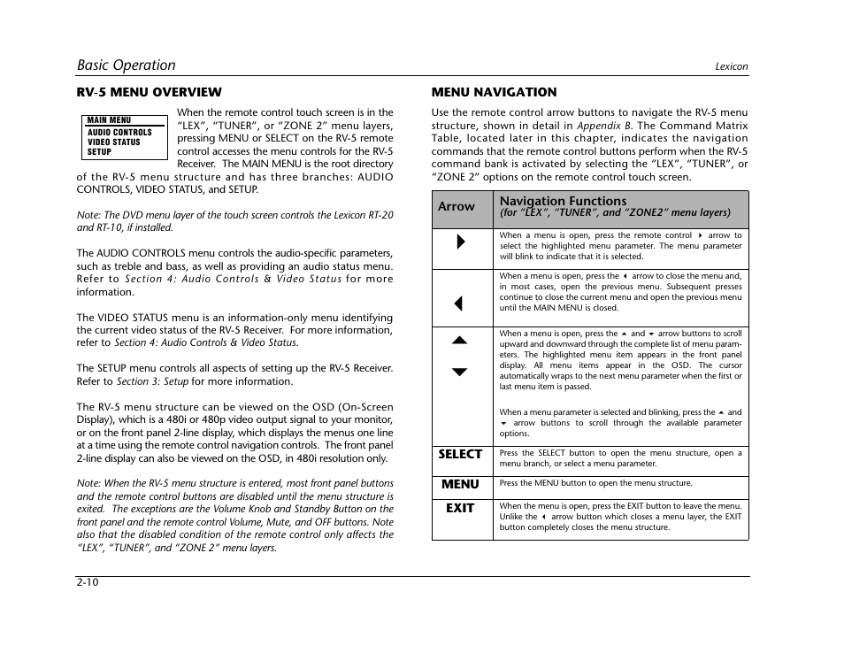 Rv-5 menu overview -10 menu navigation -10, Basic operation | Lexicon RV-5 User Manual | Page 20 / 136