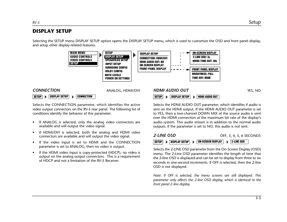 Display setup -3, Setup, Display setup | Connection, Hdmi audio out, Line osd | Lexicon RV-5 User Manual | Page 29 / 136